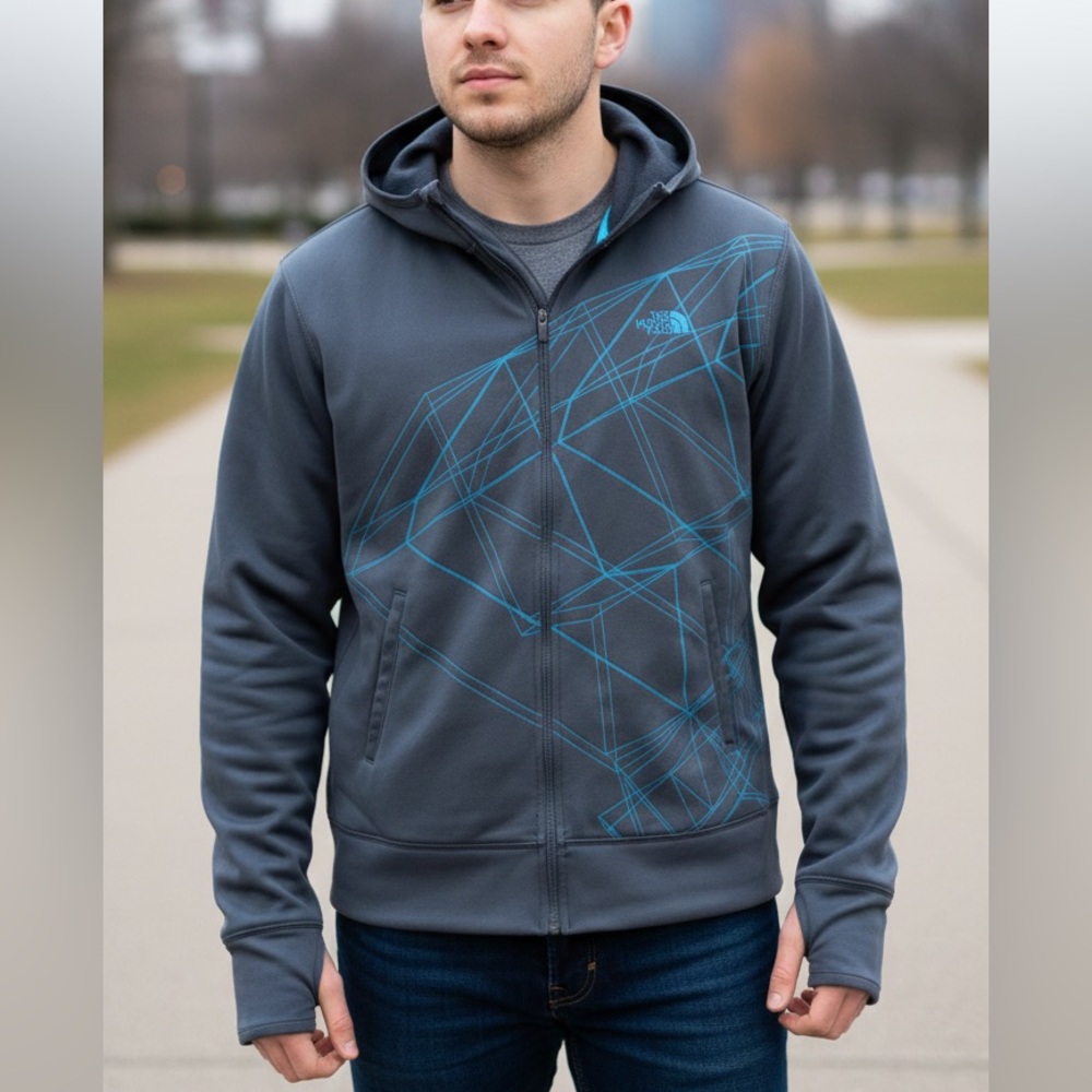 The North Face  full zip fleece lined geometric pattern hoodie  Blue Jacket S